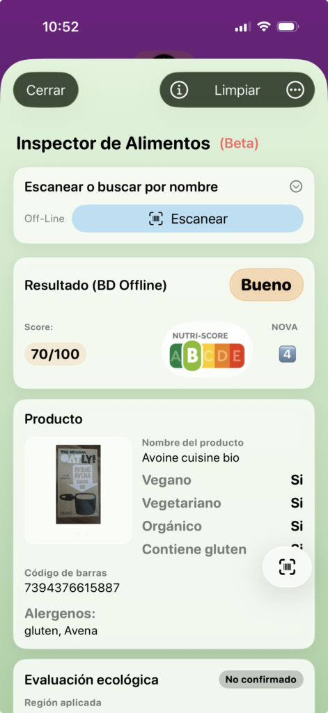 Pantalla Inspector de Alimentos de La APP La Ley